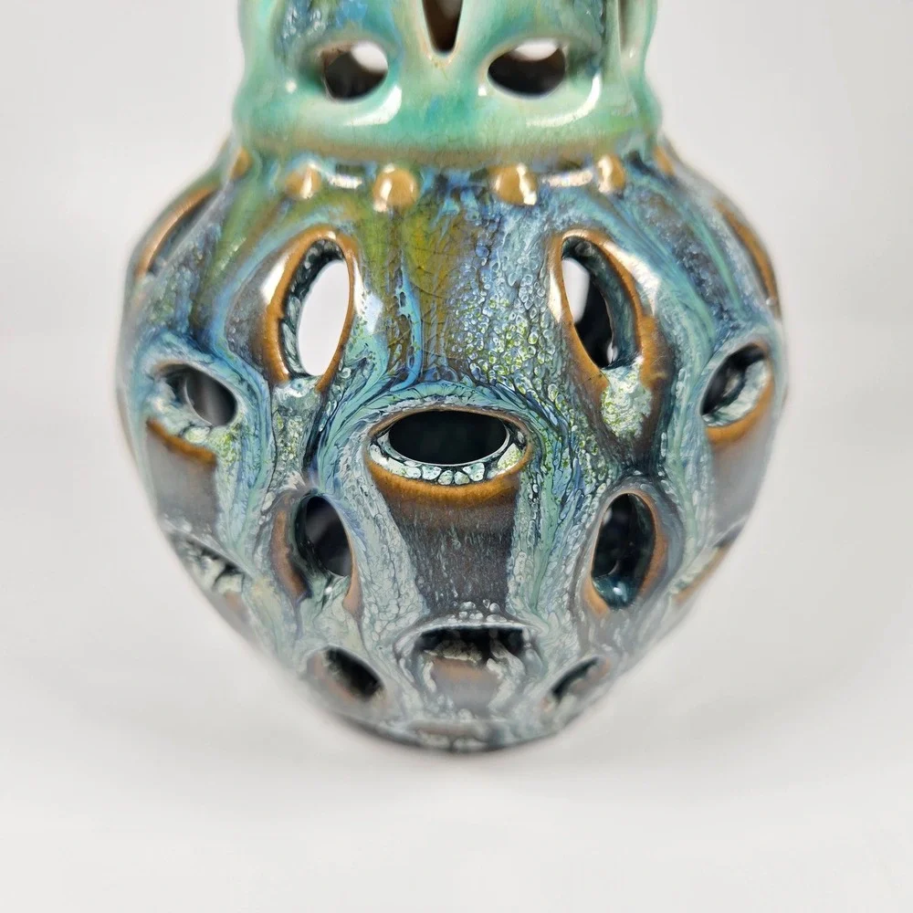 Beautiful‎ Chiminea Handmade Iridescent Glazed Ceramic Candle Holder blue green